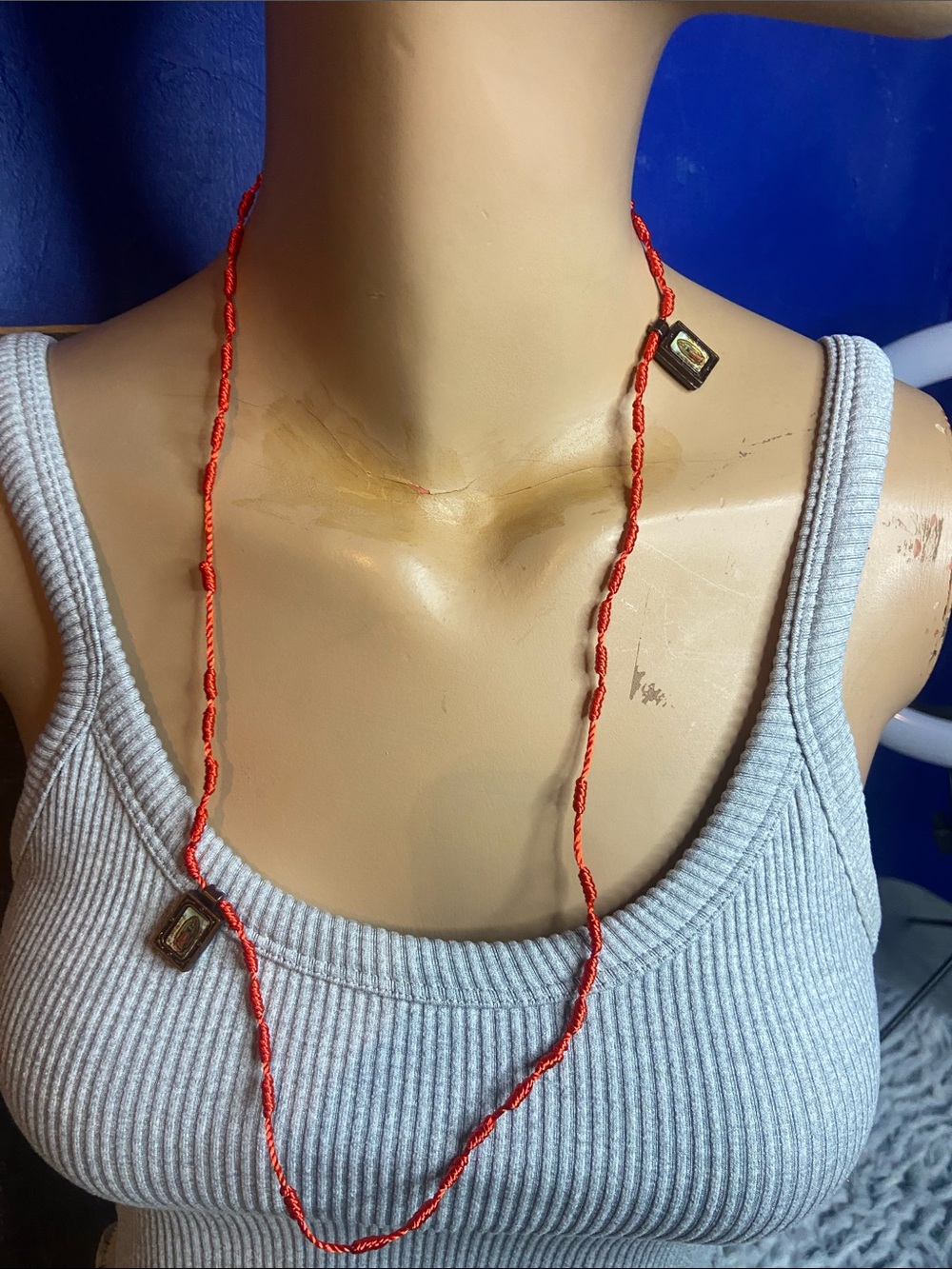 Red Braided Cord Necklace with Two Rectangular Charms